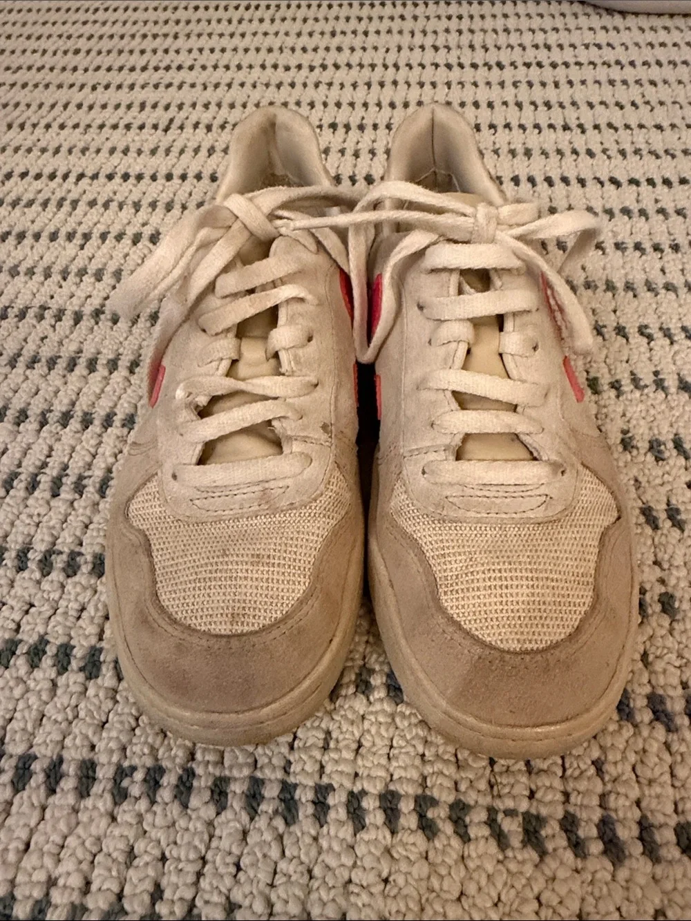 Veja Beige Sneakers with Pink Heel and Red Side V Logo